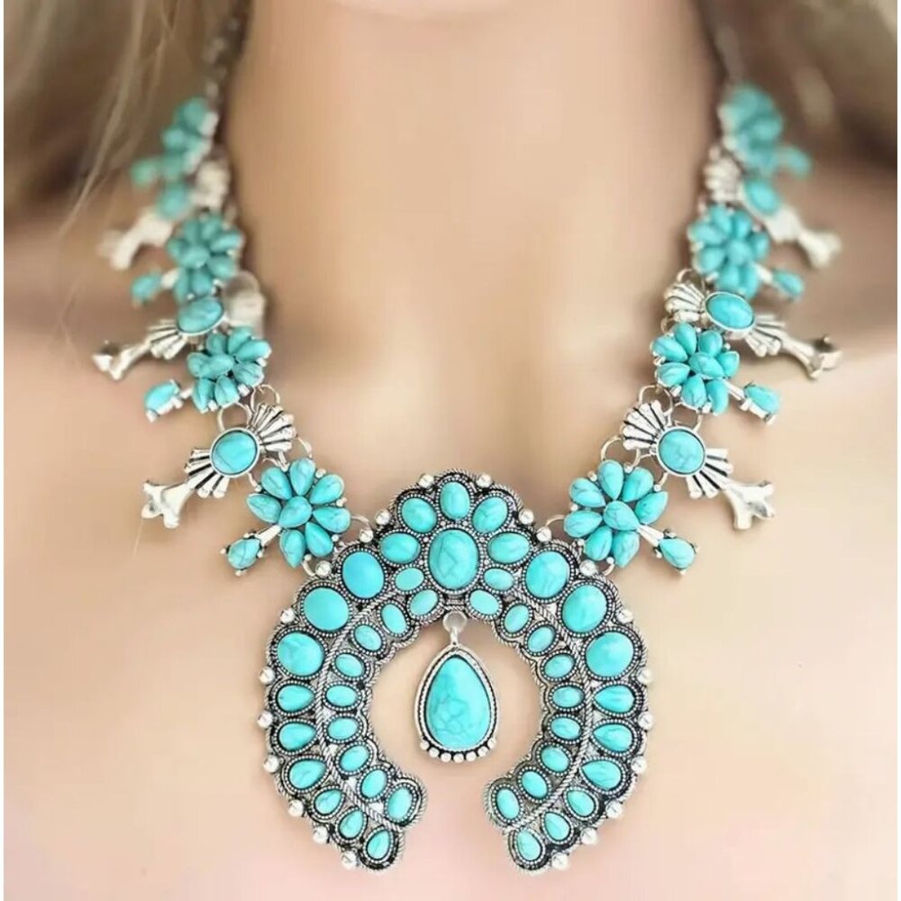 Imitation Turquoise Statement Necklace Squash Blossom Design